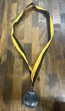 Silver Tone Tennis Medal Crossed Rackets 31” Black And Yellow Ribbon