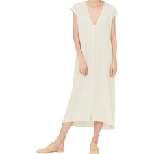 Esby Winnie Dress Midi Hemp Tie Back Deep V-Neck Button Down Natural Beige M