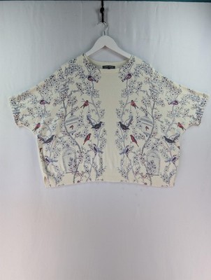Laura Ashley Pullover mit Vogel- und Blütenmuster - Größe M - creme Baumwollmischung
