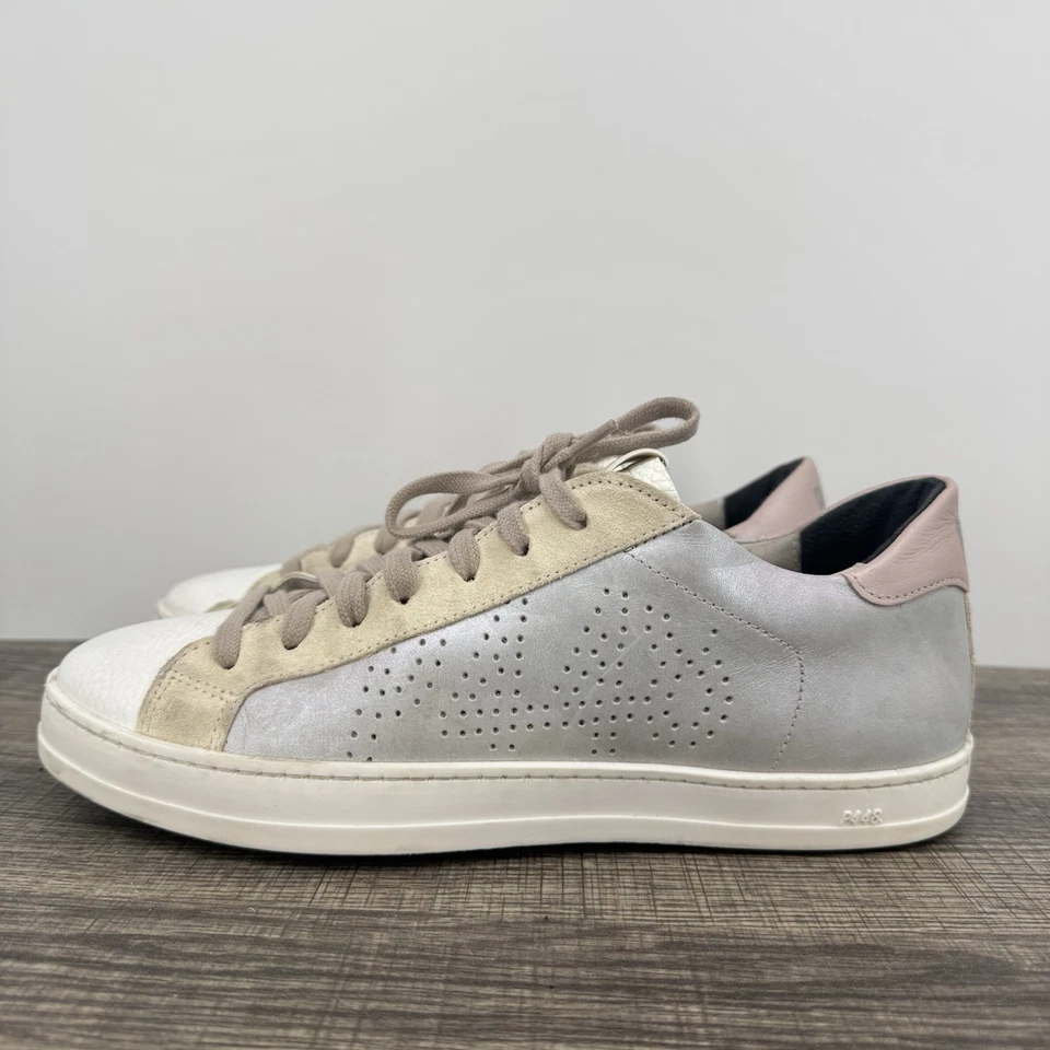 P448 John белая розовая кожа/замша шнурует вверх низкий верхний кроссовок размер 39 - Изображение 2 из 4