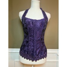 Frederick's Hollywood Purple Corset Jacquard Halter Lace Up Top S