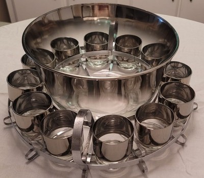 VTG Dorothy Thorpe 12 Roly Poly Glass Silver Fade (Ombre) Punch Bowl, Caddy