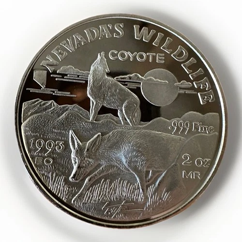 1993 NV Heritage Nevada's Wildlife Coyote 2 oz .999 Silver Round. Toned Rim