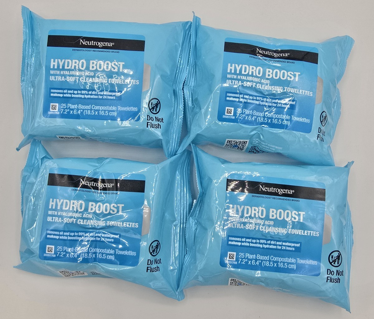 Lot of 4 Neutrogena HYDRO BOOST Facial Cleansing Wipes, Ultra-Soft, 25ct