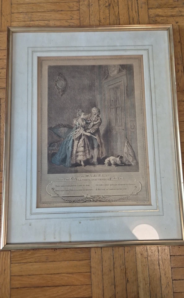 Antike Französische Gravur "La Visite Inattendue" (1774) - Bild 1 von 4
