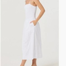 NWT ASTR the Label Drop Waist Smock Midi Dress LARGE WHITE Pcokets Shoulder Ties