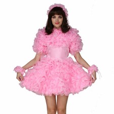 Sissy Maid Pink Satin Pleated Puffy Dress Cosplay Costume Tailor-made