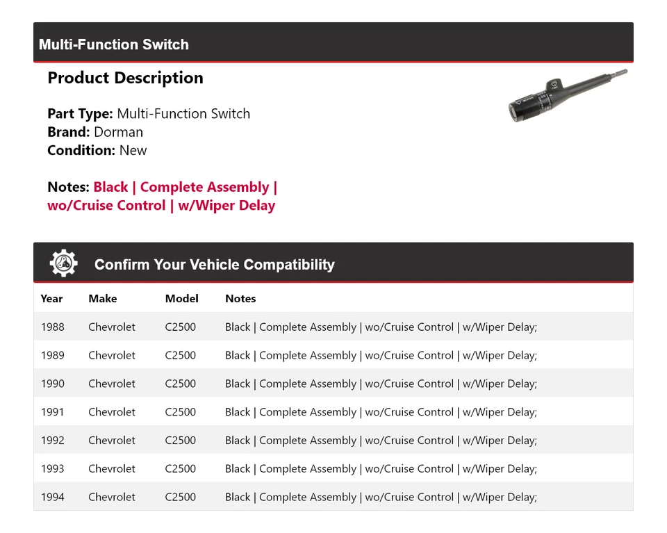 For 1988-1994 Chevrolet C2500 Dorman Multi-Function Switch 1989 1990 1991 1992 - Image 2 of 4