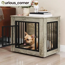 27" Iron Wood Dog Crate Furniture End Table Kennel for Small Pet Rabbit Hutch