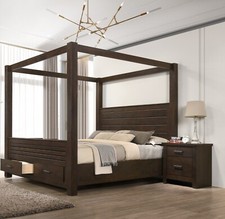 3Pc Brown Queen Canopy Bed Set Storage Footboard Luxurious Bedroom Furniture
