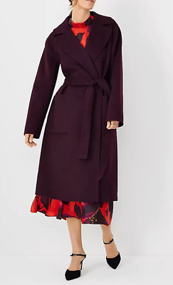 ANN TAYLOR VINEYARD GRAPE PETITE DOUBLEFACE BELTED WOOL BLEND BLANKET COAT LP L