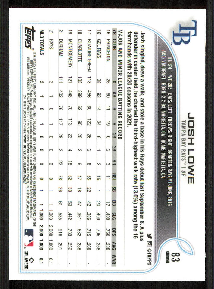 2022 Topps Chrome #83 Josh Lowe RC - Image 2 of 2