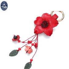Leather Flower Tassel Keychain Boho Red Leather Bag Pendant Wallet Charm for ...