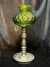 Villy Silver Candle Holder Avocado Diamond Cushion Glass Shade Hurricane Lamp