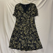 Tommy Hilfiger Dress 12 Navy Blue Yellow Floral Stretch V-Neck Ruched Sleeve