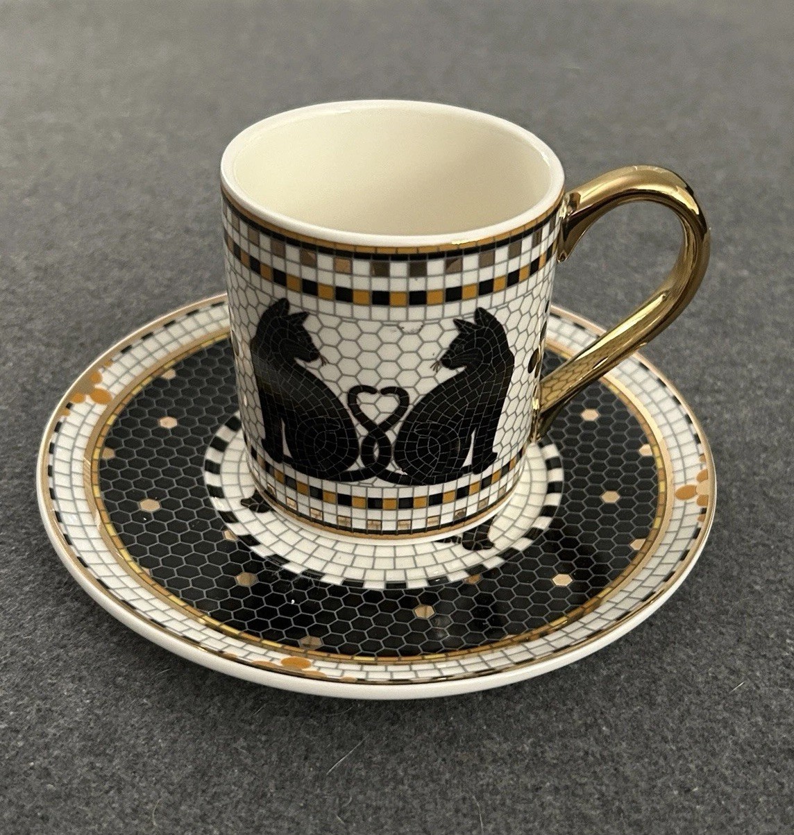 Anthropologie Bistro Tile Black Cats Espresso Cup Saucer Set NEW Halloween 5 oz