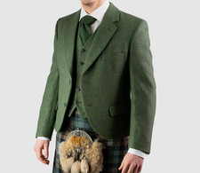 Scottish Men's Lovat Green Wool Argyle Kilt Jacket With Waistcoat Wedding Jacket