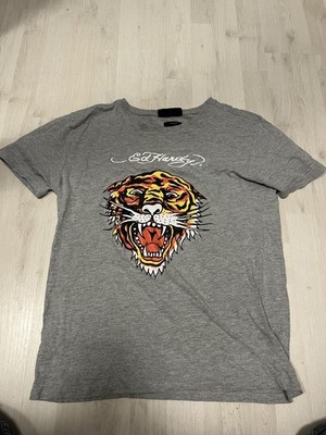Ed Hardy Herren T-Shirt Grau Tiger Druckgrafik Rundhals Kurzarm Gr. L Jersey