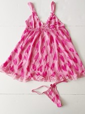 Betsey Johnson Y2K Babydoll 2 Piece Slip Dress Nightgown Thong L Pink Romantic