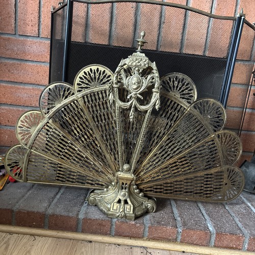 Peacock Fireplace Screen Folding Fan Victorian Cameo 27 x 39 Brass Vintage