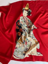 Vintage Japanese Chirimen Silk Scarf   RARE LIPSTICK RED Geisha 27" Square, S bi