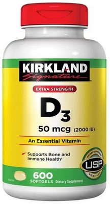 Kirkland Signature Extra Strength Vitamin D3 2000 I.U. 600 Softgels, Bottle