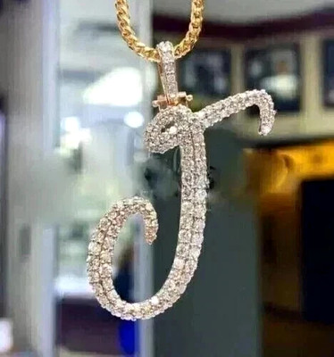 Men's J Letter 2Ct Round Cut Real Moissanite 14K White Gold Plated Pendant