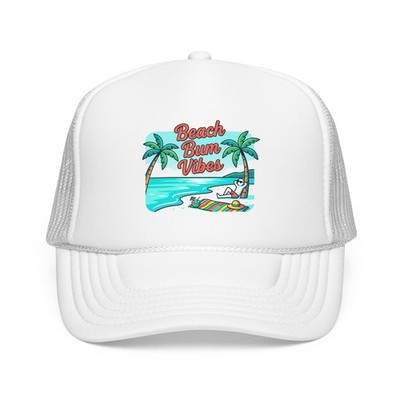 Beach Bum Vibes Foam Trucker Hat | Palm Trees Surfing Scene