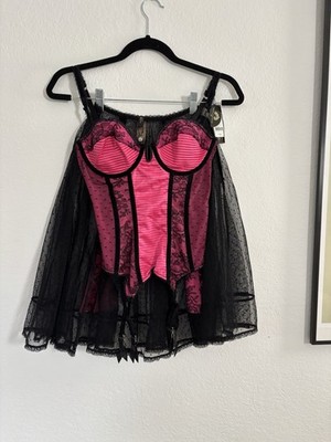 Dita Von Teese Pink Black Lace Sheer Bustier Set with Garter Straps & Skirt