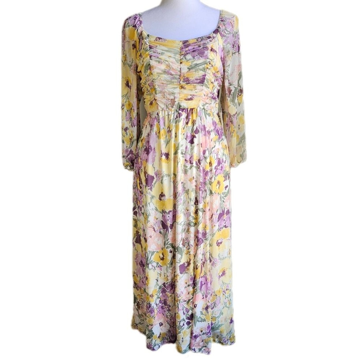 knee length dresses for ladies Stole The Show Ruched Mesh Maxi Dress Floral Red main image 1