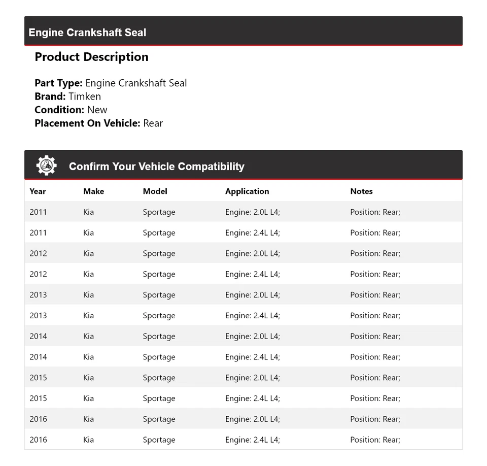 Sello del cigüeñal trasero Timken 2012 2013 2014 para motor Kia Sportage 2011-2016 Foto 2 de 4