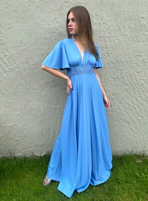 70er Vintage Damen Maxikleid blau kurz geriffelt Flatterärmel Plissee Boho