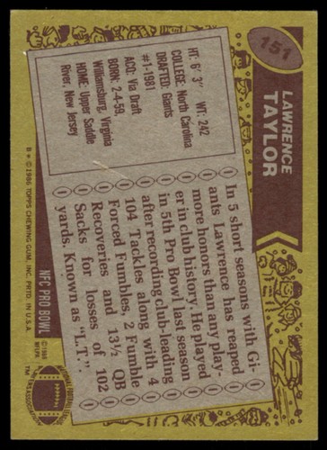 1986 Topps #151 Lawrence Taylor VG (CREASE) AP - Picture 2 of 2