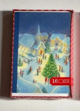 Christmas Boxed Cards Church Village Square Tree Blue Background 16 pcs