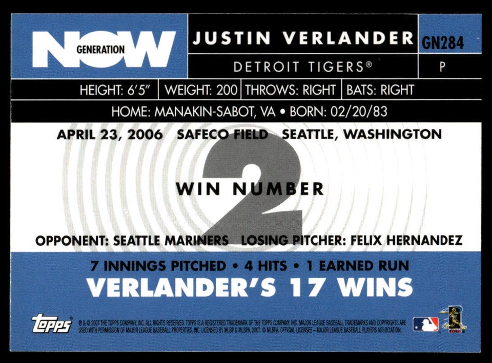 2007 Topps Generation Now #GN284 Justin Verlander - Image 2 of 2