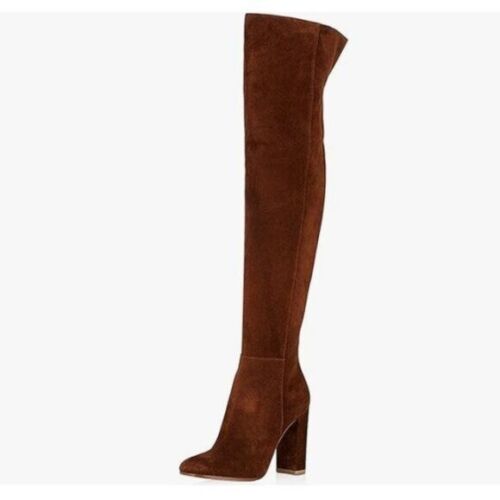 Brown Over The Knee Chunky High Heels Stretch Thigh High Zipper Long Boot