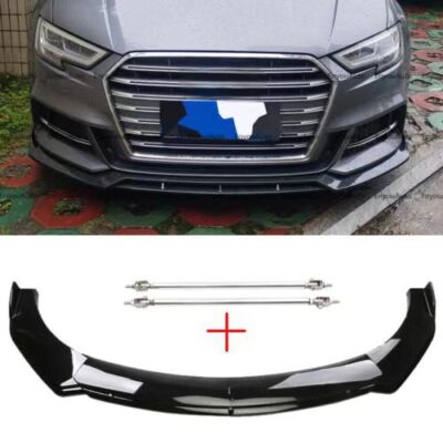 For Audi RS3 RS5 RS6 Front Bumper Lip Spoiler Splitter + Strut Rods Glossy Black