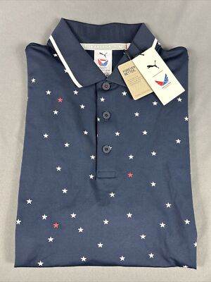 Puma Golf Shirt Polo Volition America Skylight Stars Print Medium Blue MSRP $80