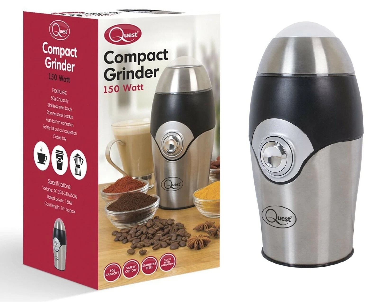 Compact Multi Grinder for Coffee Beans, Nuts, Seeds & Spices 150W Nutri QUEST