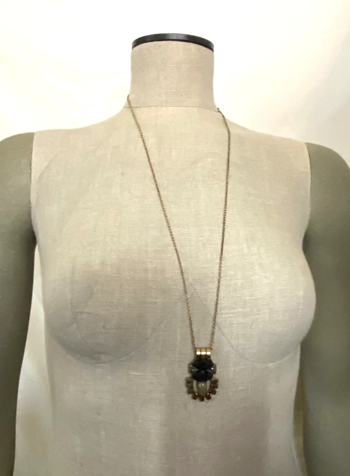 J CREW Necklace Long Antique Gold Link Chain, Black Crystal Taupe Stone Pendant - Image 3 of 4