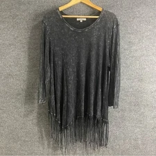 Jess & Jane Womens Mineral Washed Fringe Hem Tunic Top Size XL 3/4 Sleeve Black