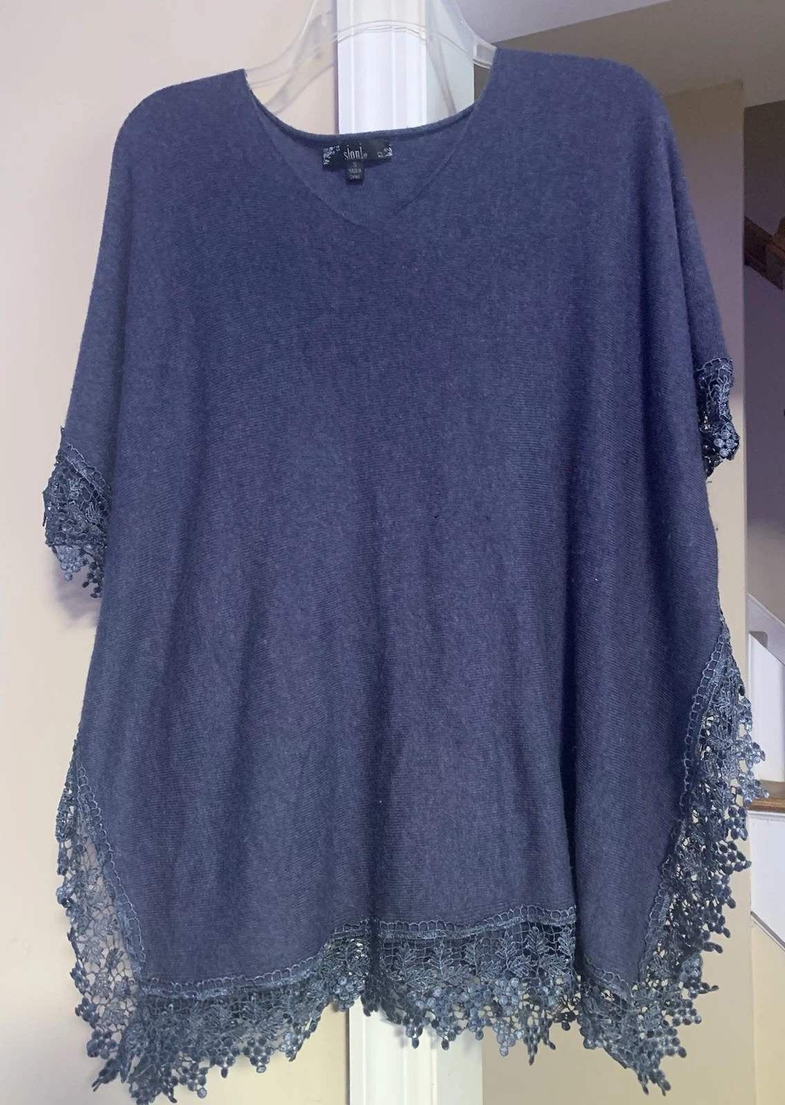 Sioni Womens Heather Blue Soft Cashmere Angora Blend Lace Trim Poncho Sweater Sm