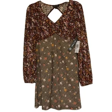 CottageCore Spring Dress Women L Beige Orange Houndstooth Floral Cute Church NWT