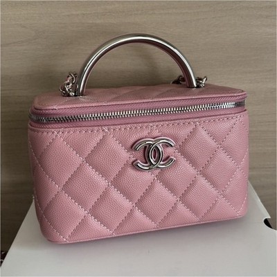 CHANEL Pink Mini Quilted Vanity Case Top Handle Zip Bag w/ Chain Strap