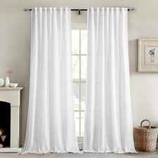 White Linen Curtains 84 Inch Length 2 Panels for Bedroom Living Room, Soft Th...