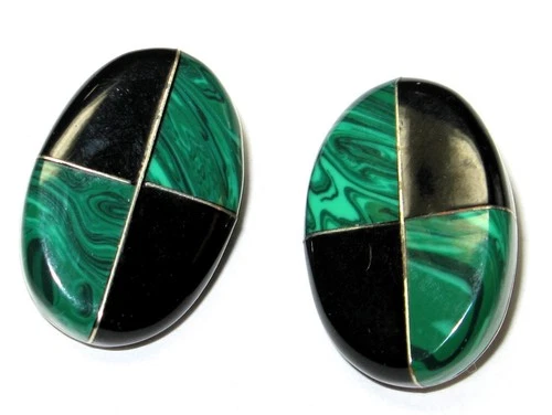 Vintage 925 Sterling Silver Clip Earrings Malachite Onyx, , 1 1/8" Long, Mexico