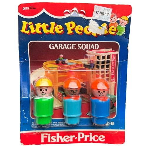 Vintage Fisher Price Little People Garage Squad Carded Set Parking Ramp Workers