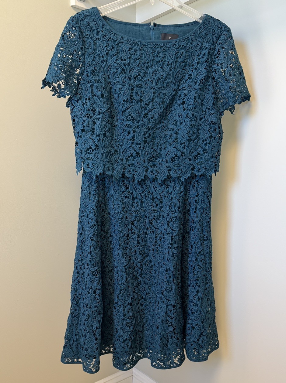 Cocktail dress in teal, by Shani. Flattering popover fit & flare dress sz 10 +-image