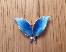 David Andersen Norway Sterling Silver Blue Enamel Double Leaf Brooch Norwegian