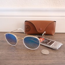 Ray Ban Sunglasses RB3647-N Round Double Bridge GOLD WHITE w/ Blue Lense Case